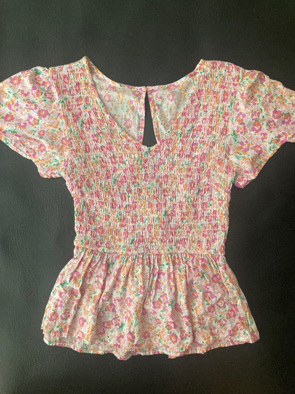 New japra pink green orange smocked ruffle peplum cutout top s